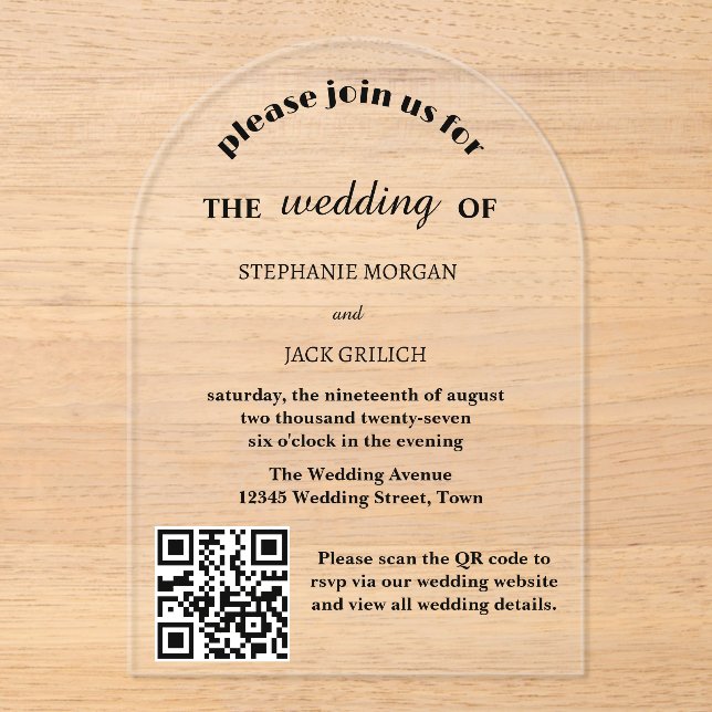Moderne elegante Script QR Code Hochzeit Acryleinladungen (Vorderseite)