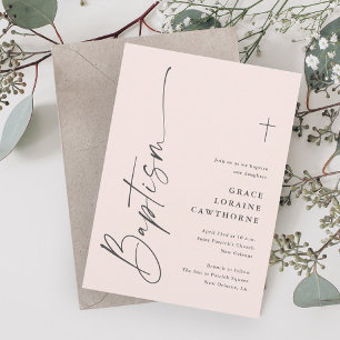 Moderne elegante Script-Rosa Girls Taufe Einladung