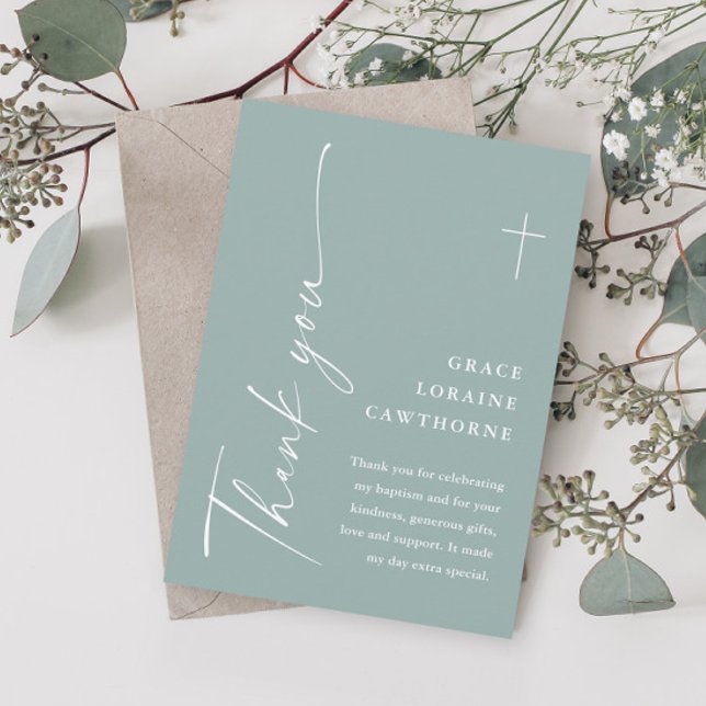 Moderne elegante Script Sage Green Taufe Dankeskarte (Modern script sage green baptism thank you cards.)