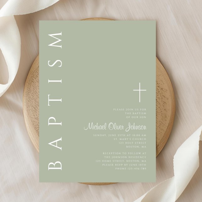 Moderne elegante Script Sage Green Taufe Einladung (Modern Elegant Script Sage Green Baptism Invitation)
