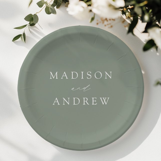 Moderne, elegante Script Sage Green Wedding Pappteller (Von Creator hochgeladen)