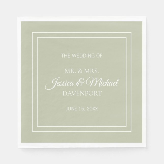 Moderne, elegante Script Sage Green White Wedding Serviette (Vorderseite)