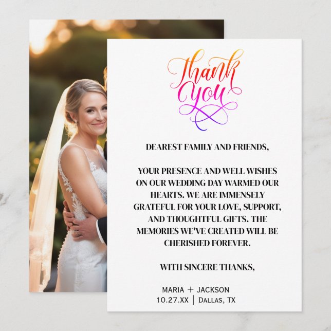 Moderne, elegante Script-Schwarz-weiße Hochzeit Dankeskarte (Vorne/Hinten)