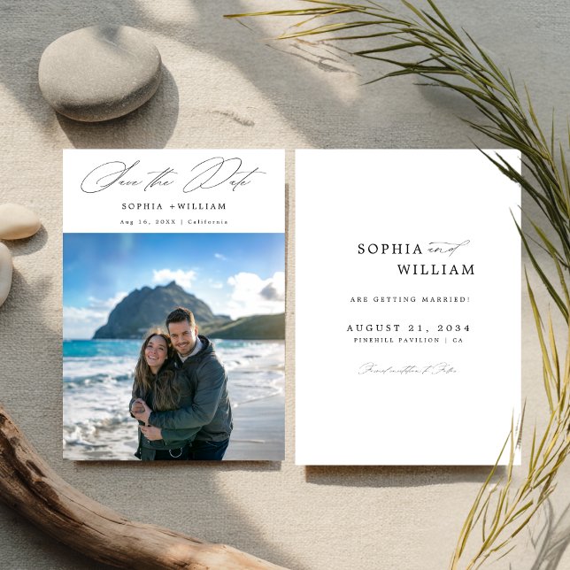 Moderne, elegante Script Tropical Beach Foto Hochz Save The Date (Von Creator hochgeladen)
