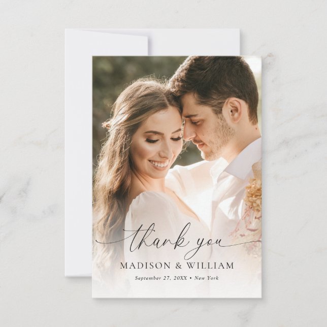 Moderne, elegante Script Typografy Foto Wedding Dankeskarte (Vorderseite)