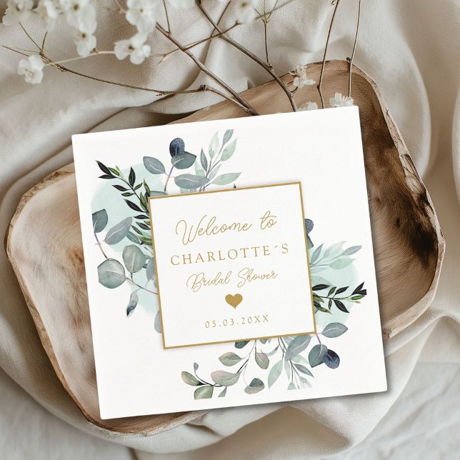 Moderne, elegante Servietten aus Eukalyptus-Brautp (Modern, elegant eucalyptus bridal shower napkins with your name and date.)