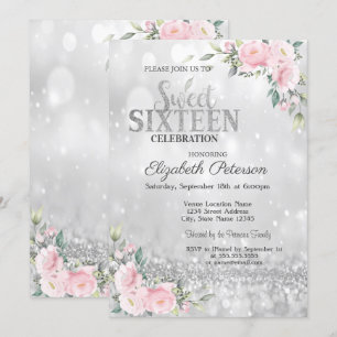 Moderne elegante silberne Bokeh-Blumen-Sweet 16 Einladung