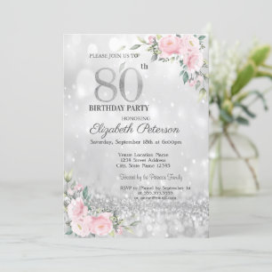 Moderne elegante silberne Bokeh-Blumen zum 80. Geb Einladung
