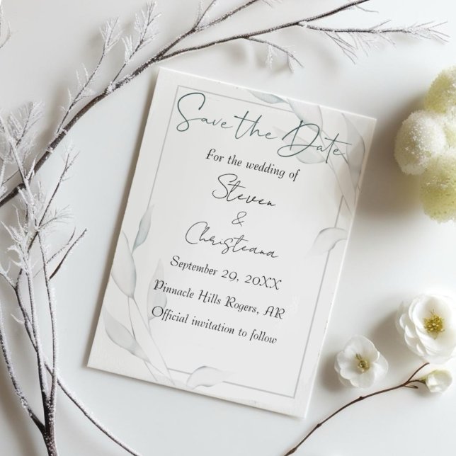 Moderne Elegante Silver Winter Blätter Wasserfarbe Save The Date (Von Creator hochgeladen)