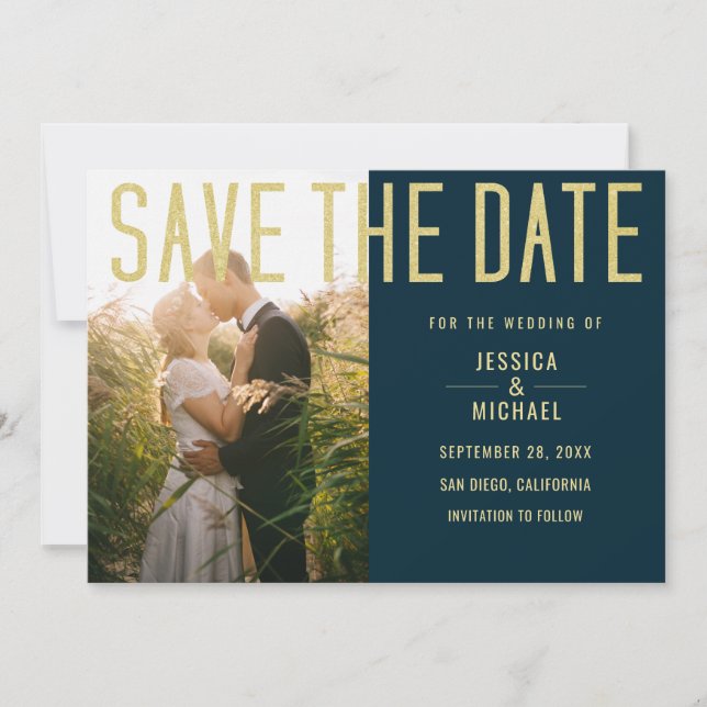 Moderne Elegante Simple Deep Blue Foto Wedding Save The Date (Vorderseite)
