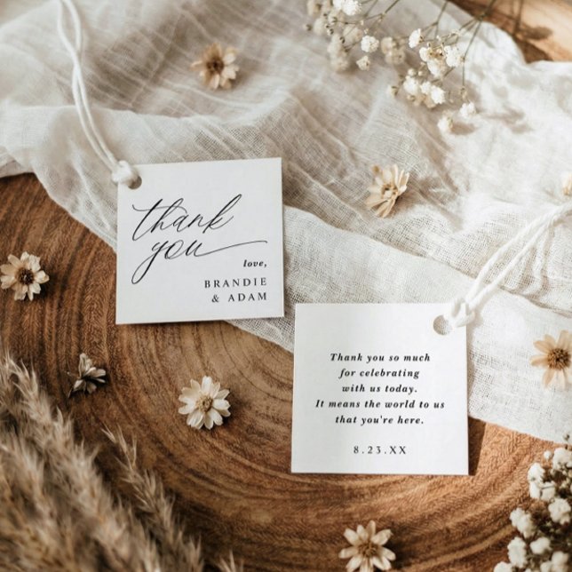 Moderne elegante Skript Dankeschön-Hochzeit Geschenkanhänger (Personalized wedding favor thank you tags featuring modern script calligraphy in a simple design.)