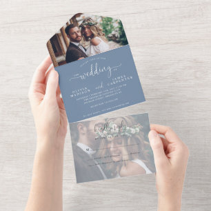 Moderne elegante Skript Staubblau 2 Foto-Hochzeit All In One Einladung