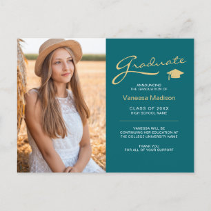 Moderne elegante Skript Teal & Gold   2 Foto Grad Postkarte
