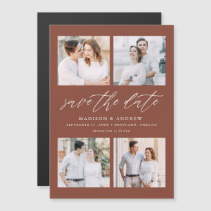 Moderne elegante Skriptbraun 4 Foto Save The Date Magneteinladung