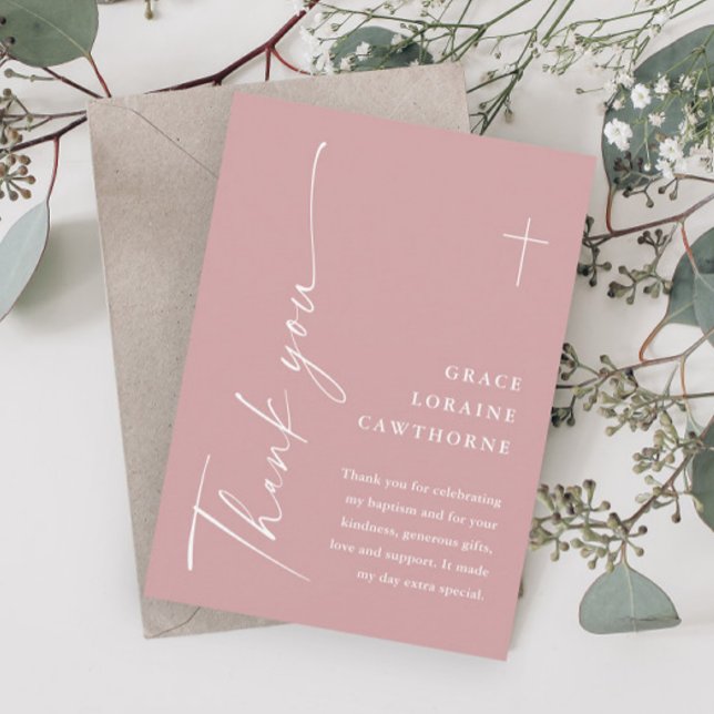 Moderne, elegante Skripte Dusty Pink Girls Taufe Dankeskarte (Modern Script Dusty Pink Girls Baptism Thank You Cards.)