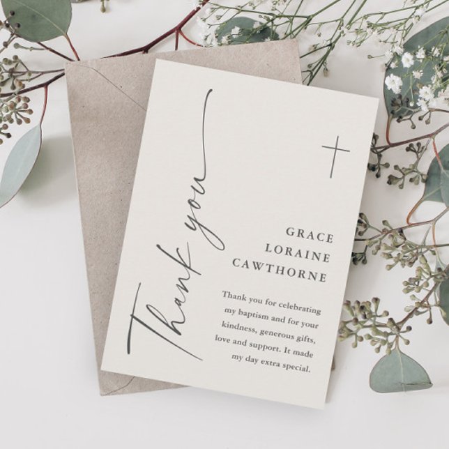 Moderne elegante Skriptgeschlecht neutrale Taufe Dankeskarte (Modern Script Gender Neutral Baptism Thank You Cards.)