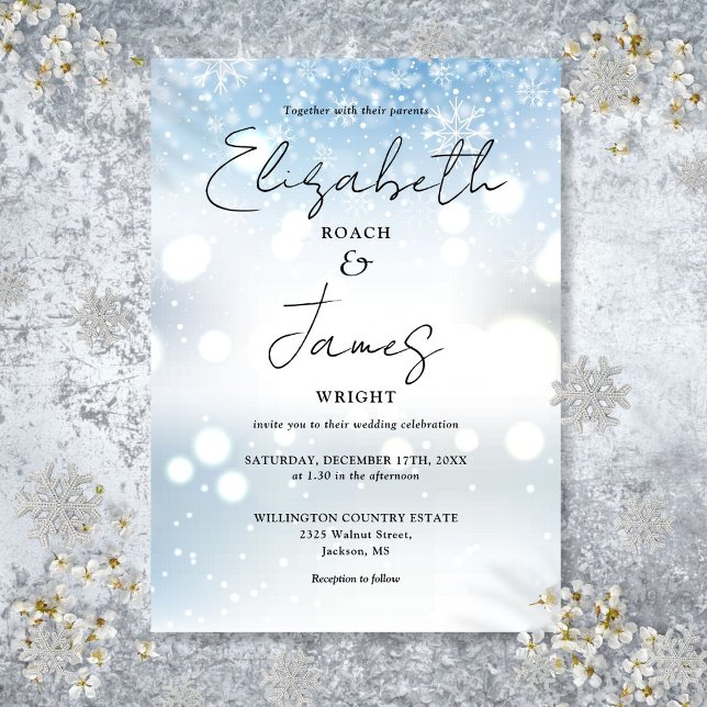 Moderne, elegante Skriptschneeflocken Winterhochze Einladung (Modern Elegant Script Snowflakes Winter Wedding Invitation)