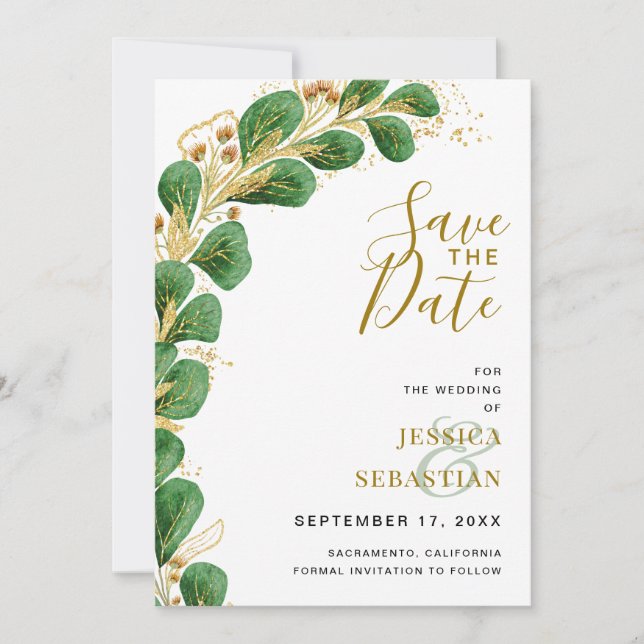 Moderne Elegante Smaragdgrün und Gold Eukalyptus Save The Date (Vorderseite)