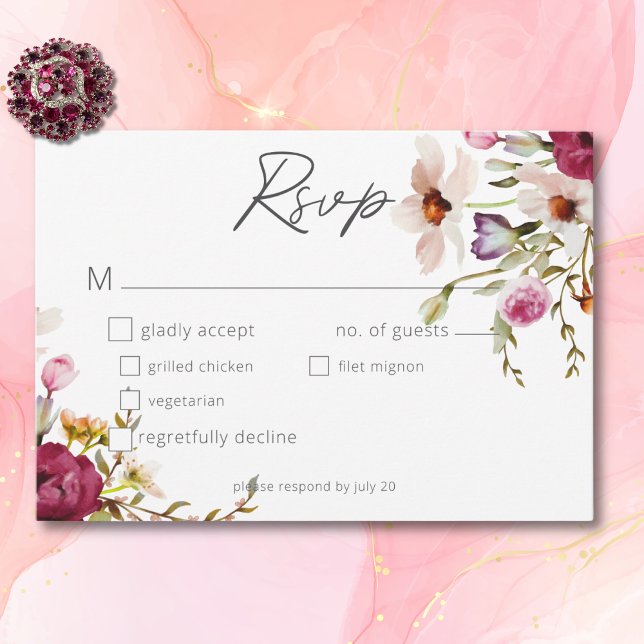 Moderne elegante Sommermesse Blumenblume Weiße Hoc RSVP Karte (Modern Elegant Summer Meadow Floral White Wedding RSVP Card)