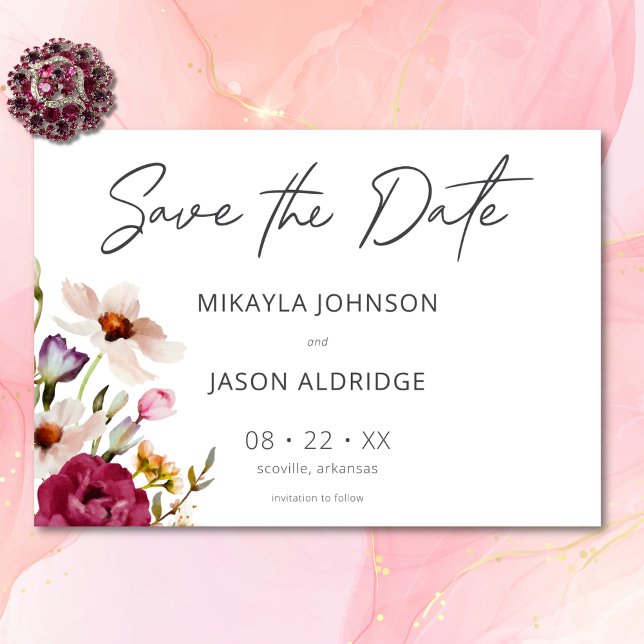 Moderne elegante Sommermesse Blumenblume Weiße Hoc Save The Date (Modern Elegant Summer Meadow Floral White Wedding Save The Date)