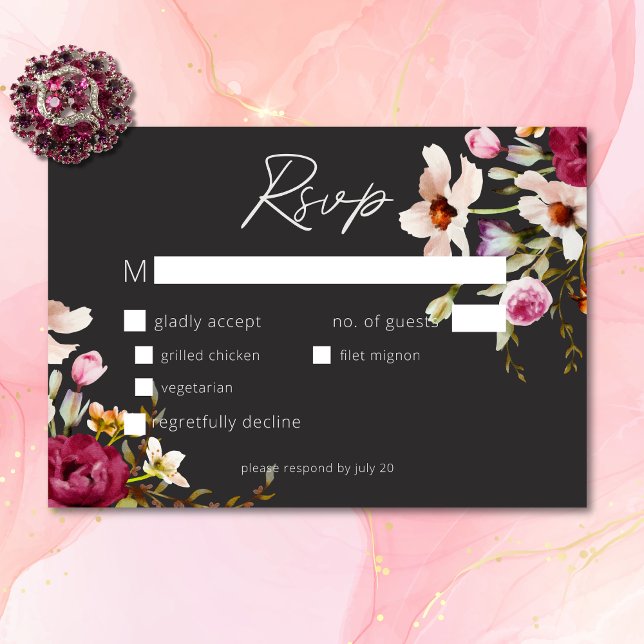 Moderne elegante Sommermesse Schwarze Hochzeit RSVP Karte (Modern Elegant Summer Meadow Floral Black Wedding RSVP Card)