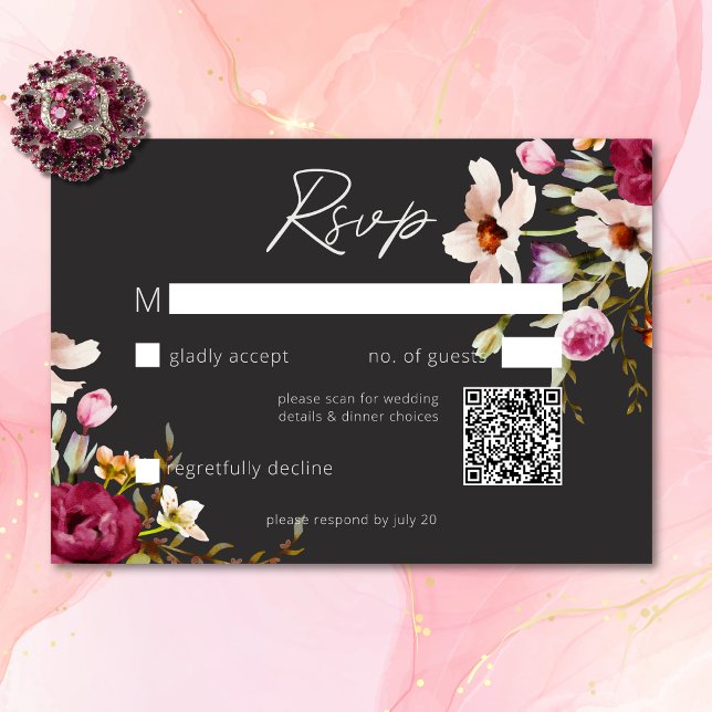 Moderne elegante Sommermesse Schwarze Hochzeit RSVP Karte (Modern Elegant Summer Meadow Floral Black Wedding RSVP Card)