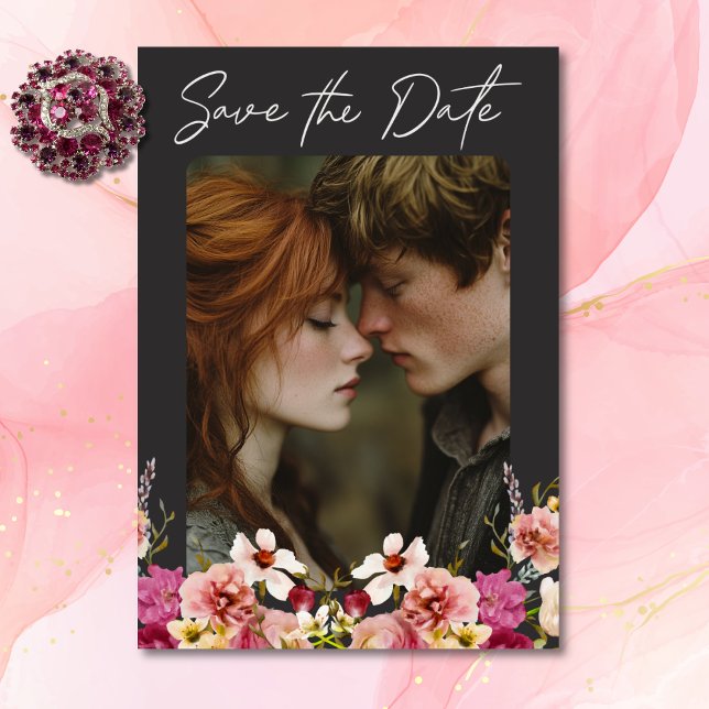 Moderne elegante Sommermesse Schwarze Hochzeit Save The Date (Modern Elegant Summer Meadow Floral Black Wedding Save The Date)