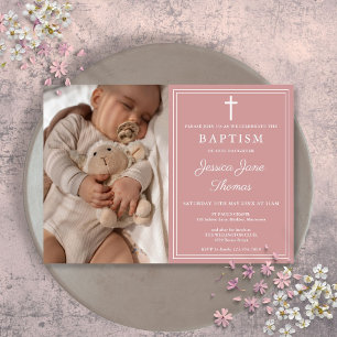 Moderne elegante Staubrose Pink Foto-Taufe Einladung