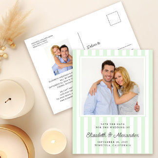 Moderne elegante Streifen-Foto-Hochzeitssave-the-D Postkarte