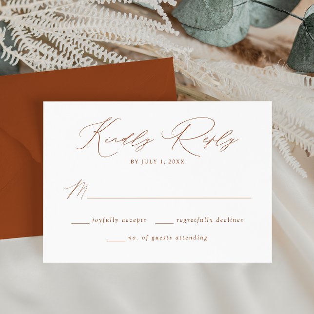 Moderne Elegante Terracotta Script Wedding RSVP Karte (Von Creator hochgeladen)