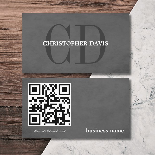 Moderne elegante Textur Grau Monogramm QR-Code Visitenkarte (Von Creator hochgeladen)