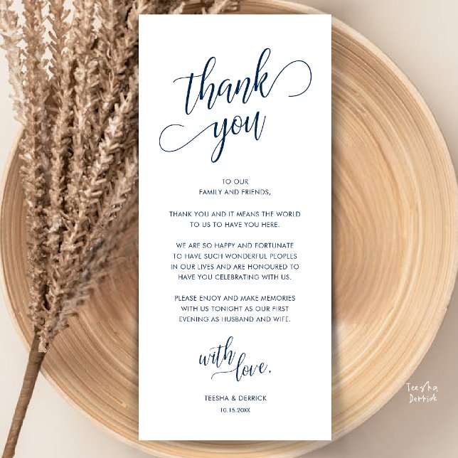 Moderne elegante Tischkarten-Dankeschön-Karte Programm (Modern Classy Wedding Dinner Place Setting Thank You Card in Navy Blue)