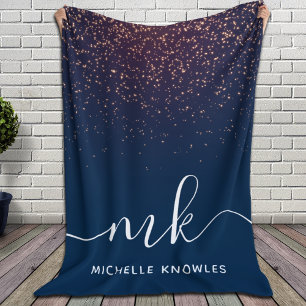 Moderne Elegante Trendige Navy Glitter Monogramm Fleecedecke