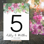 Moderne elegante tropische Hochzeiten Tischnummer<br><div class="desc">Moderner Strand Elegant Palm Floral Tropical Hochzeit Tischnummer. Mit rosa und grün-botanischen Akzenten kontrastiert durch schwarz-weiße Schrift. Ein tropisches Design, das die ruhige Schönheit der Natur mit einem spielerischen Rand verbindet, der Ihnen sicher hilft, Spaß zu haben. Eine Mischung aus beruhigenden tropischen Blätter, wie Bananenstauden, Palmen, Monstera-Blätter, rosa Princessa-Pflanze, sanftes...</div>