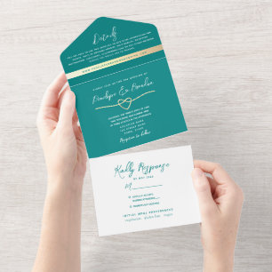 Moderne elegante türkise Hochzeit All In One Einladung