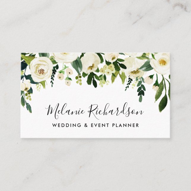 Moderne Elegante Wasserfarbe Grün Weiße Flora Visitenkarte (Vorderseite)