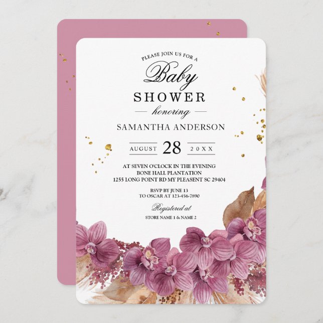 Moderne Elegante Wasserfarbe Rosa Orchid & Pampas Einladung (Vorne/Hinten)