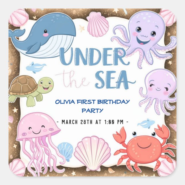 Moderne, elegante Wasserfarbe unter dem Meeresgebu Quadratischer Aufkleber (Vorderseite)