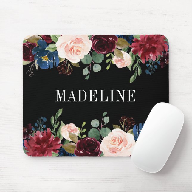 Moderne Elegante Wasserfarben Blumen Schwarz Mousepad (Mit Mouse)