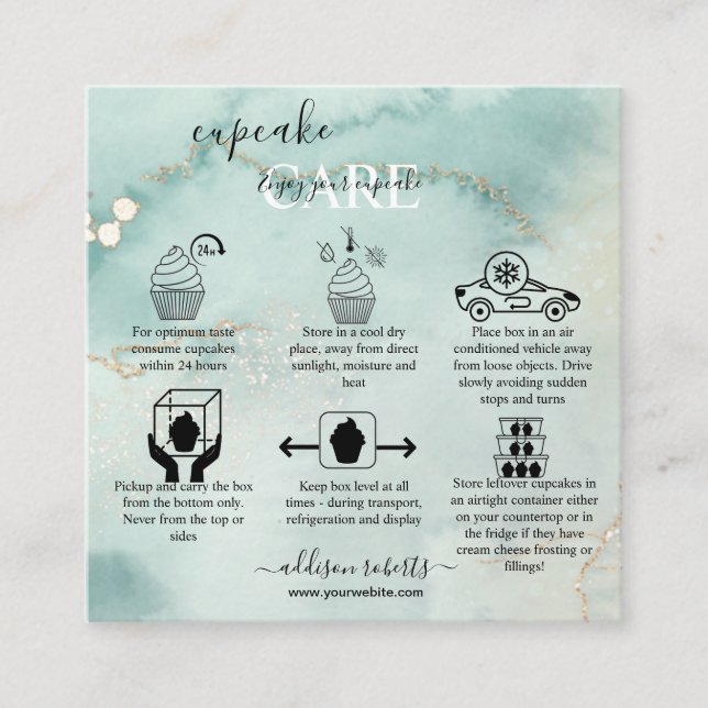 Moderne elegante Wasserfarben Grüne Cupcake Care S Quadratische Visitenkarte (Vorderseite)