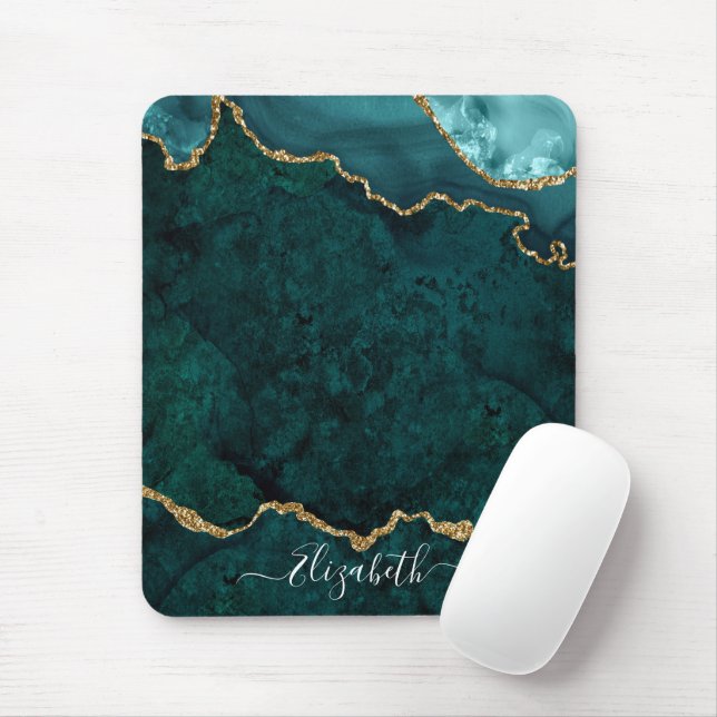 Moderne Elegante Wasserfarben Marble Geode Aquamar Mousepad (Mit Mouse)