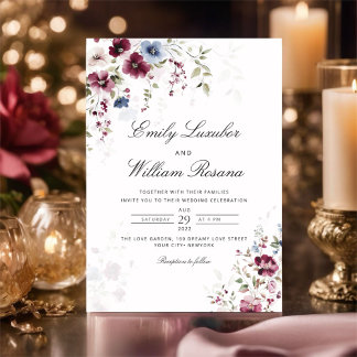 Moderne elegante Watercolor Burgund Blumenhochzeit Einladung