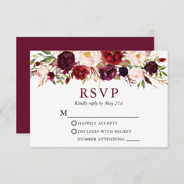Moderne elegante Watercolor Burgund Blumenhochzeit RSVP Karte (Vorne/Hinten)