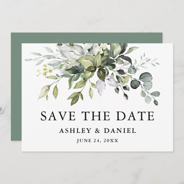 Moderne Elegante Watercolor Grün Save The Date (Vorne/Hinten)