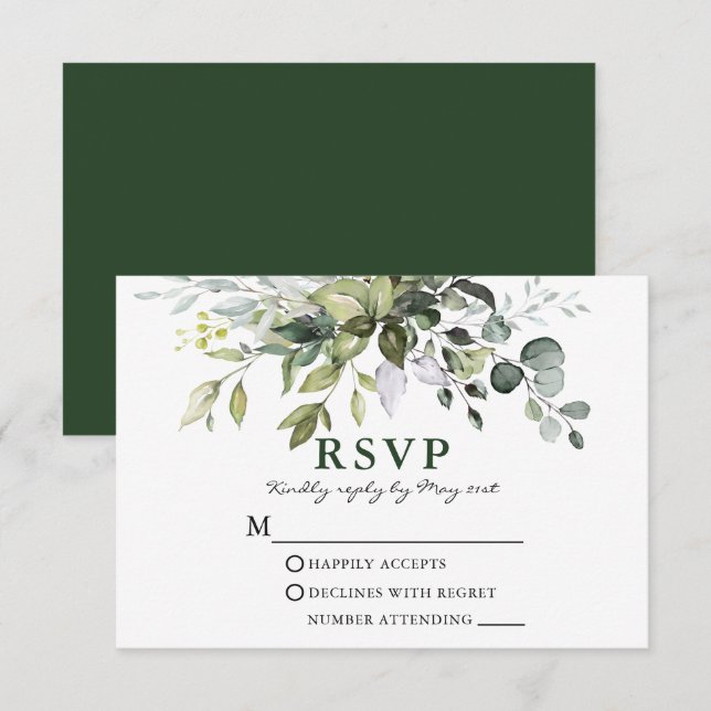 Moderne Elegante Watercolor Grüne Hochzeit RSVP Karte (Vorne/Hinten)