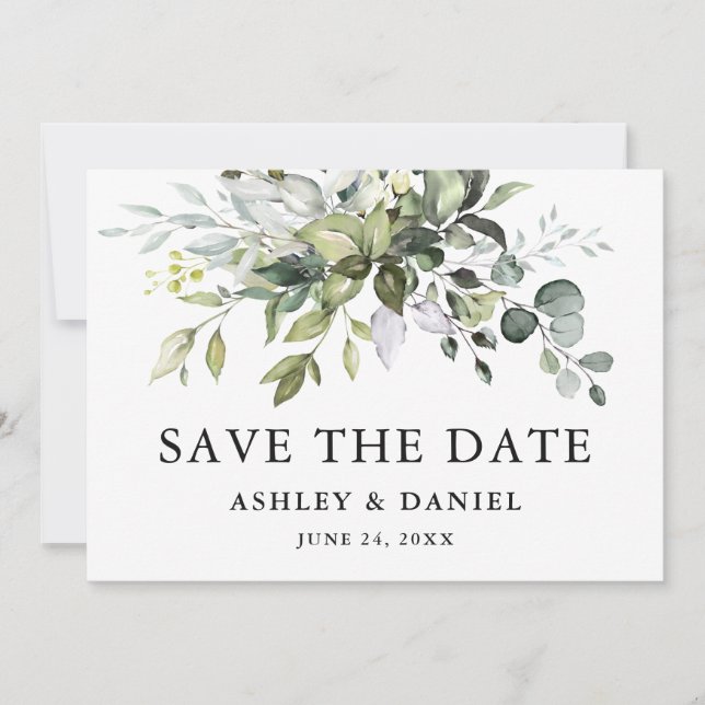 Moderne Elegante Watercolor Grüne Save The Date (Vorderseite)