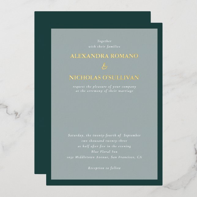 Moderne Elegante Wedding Emerald Green und Gold Folieneinladung (Vorderseite/Rückseite)