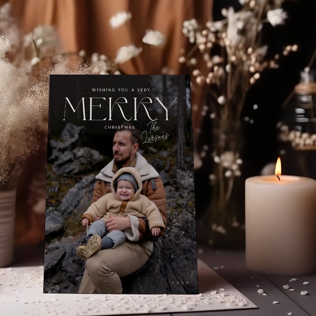 Moderne Elegante Weihnachts-Foto Weihnachtskarte (Moody winter scene with candle and "Wishing you a MERRY Christmas" photo Holiday card sized 5x7)