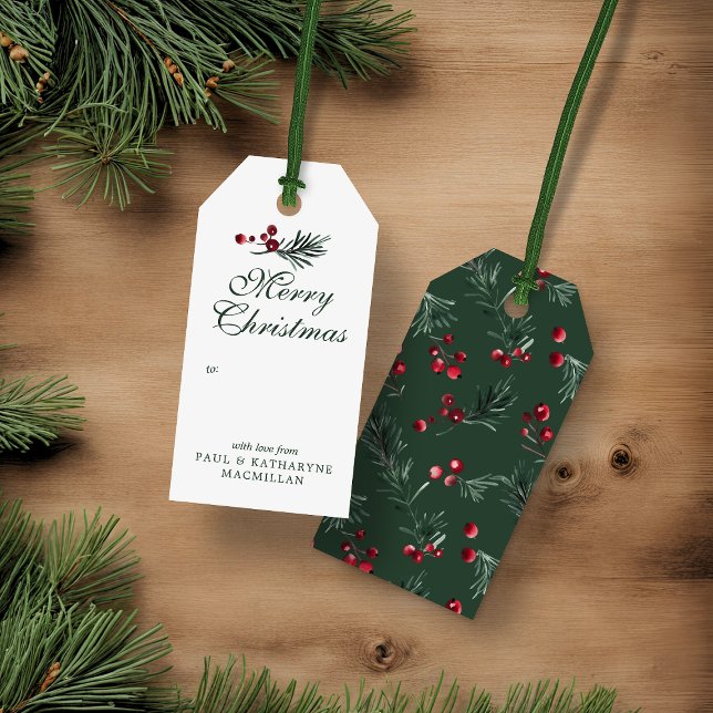 Moderne Elegante Weihnachtswald Grün Geschenkanhänger (Modern Elegant Christmas Watercolor Forest Green Gift Tags)