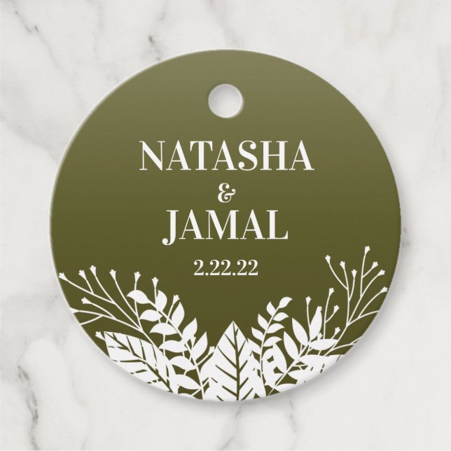 Moderne elegante weiße Blätter, Olive Green Geschenkanhänger (Vorderseite)